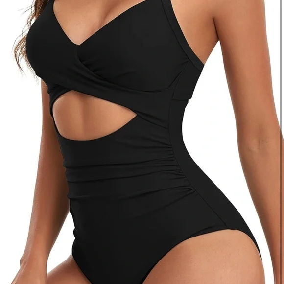 Chic Black Women's One-Piece Swimsuit Wrap tie back Tummy control L/0022 - Picture 2 of 4